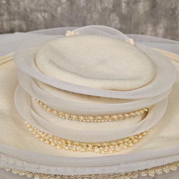 Vintage Church Hat Cream Formal Dress Hat Pearl Beaded Wedding Party - Picture 13 of 13